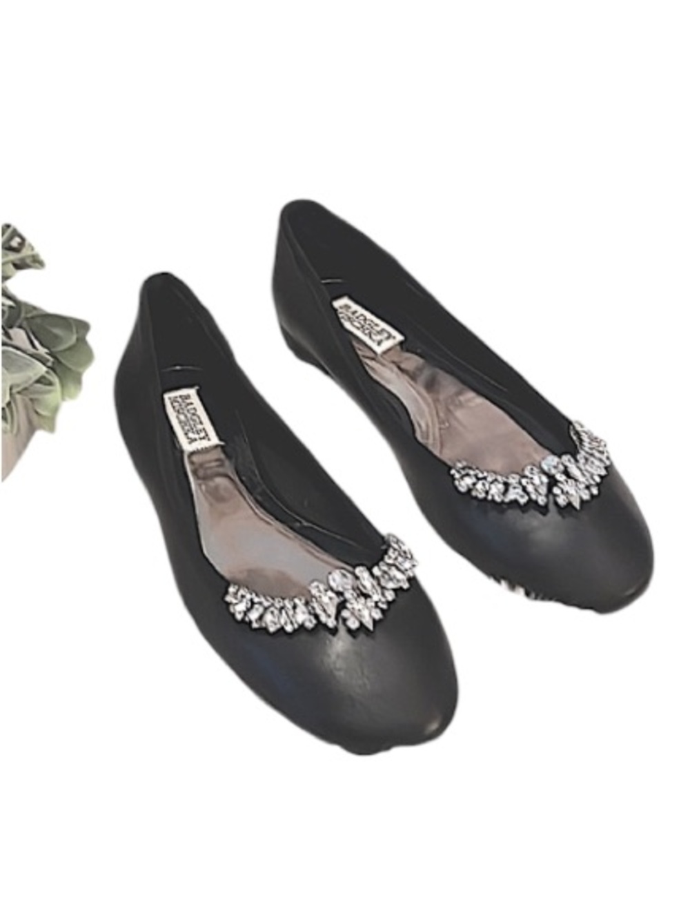 Badgley Mischka Womens Black Leather Slip On Rhinestone Jeweled Ballet Shoes 7